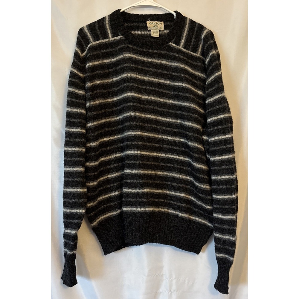 Vintage Men's Oakton Ltd 100% Shetland Wool Knit Pullover Sweater Black Striped